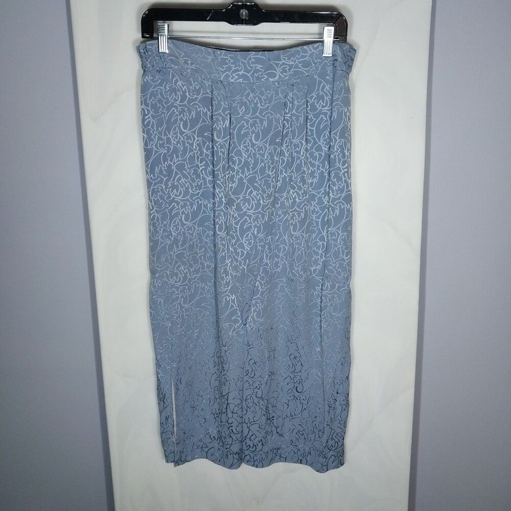 Vintage Lili Butler 100% Silk Skirt Womens M Gray Blue Floral Midi Lined Slit
